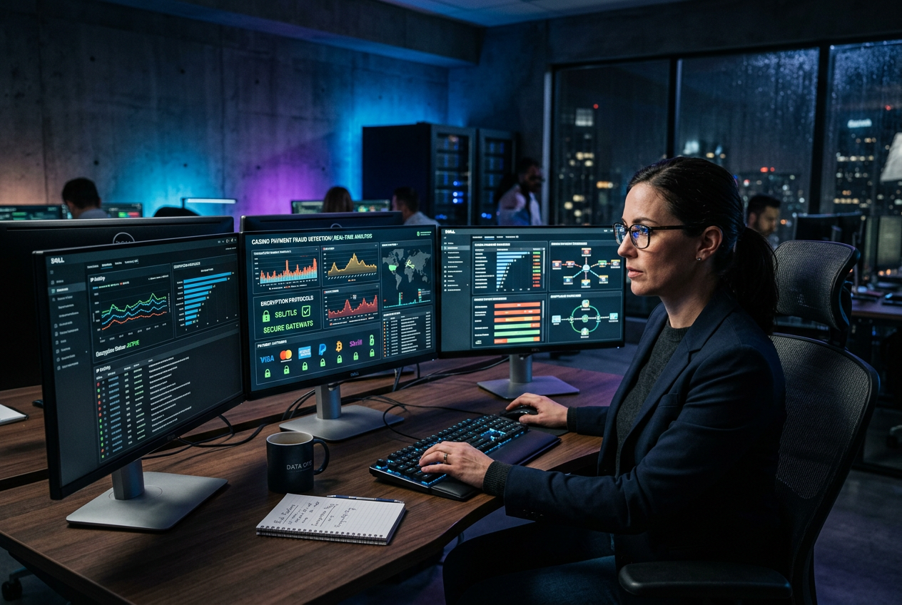 Professional analyst monitoring secure digital payment transactions for online casinos