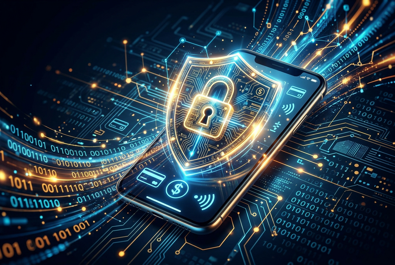 Symbole cyberbezpieczeństwa i odpowiedzialnej gry na ekranie telefonu