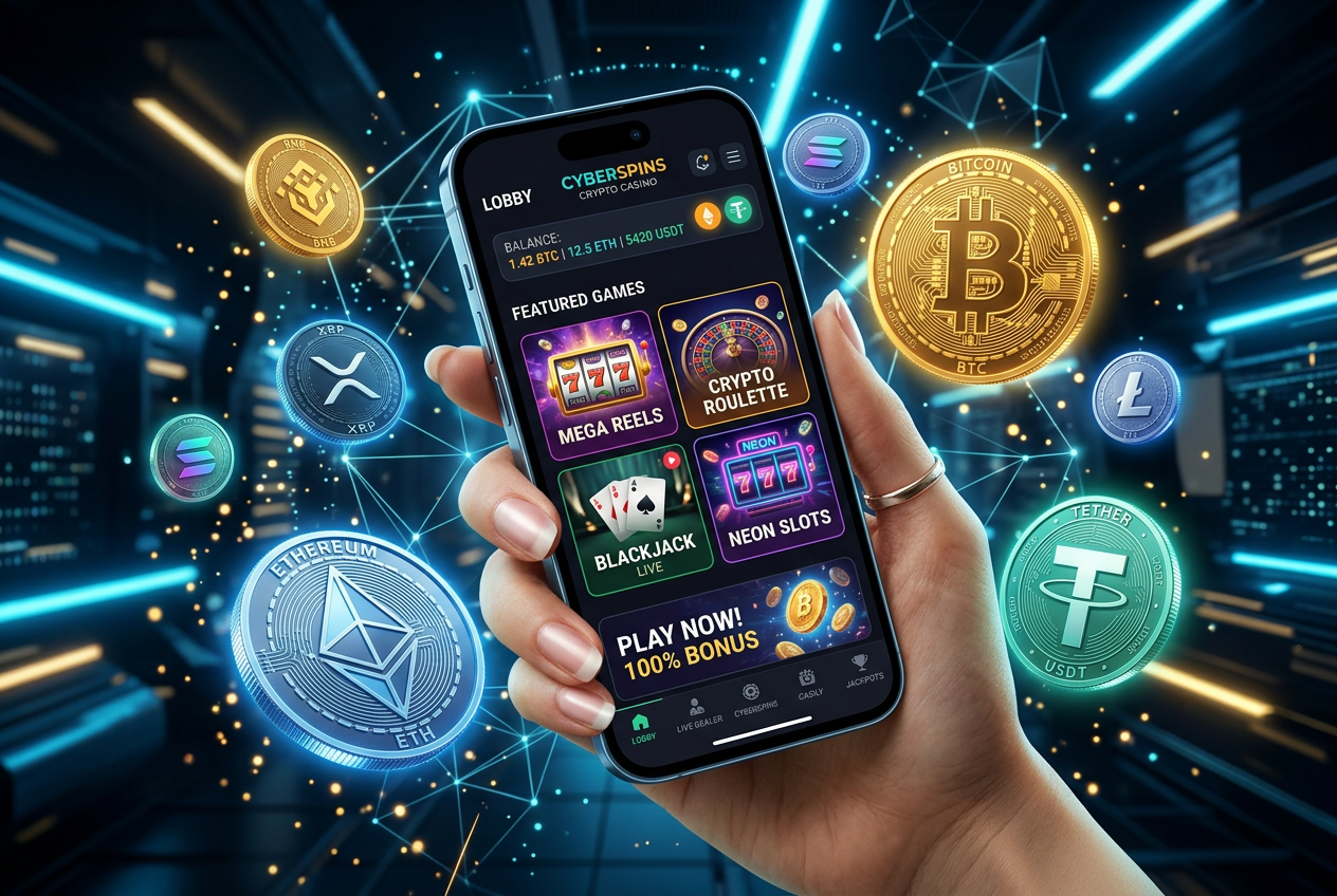 Nowoczesny interfejs krypto kasyna na smartfonie z neonowymi akcentami i monetami Bitcoin