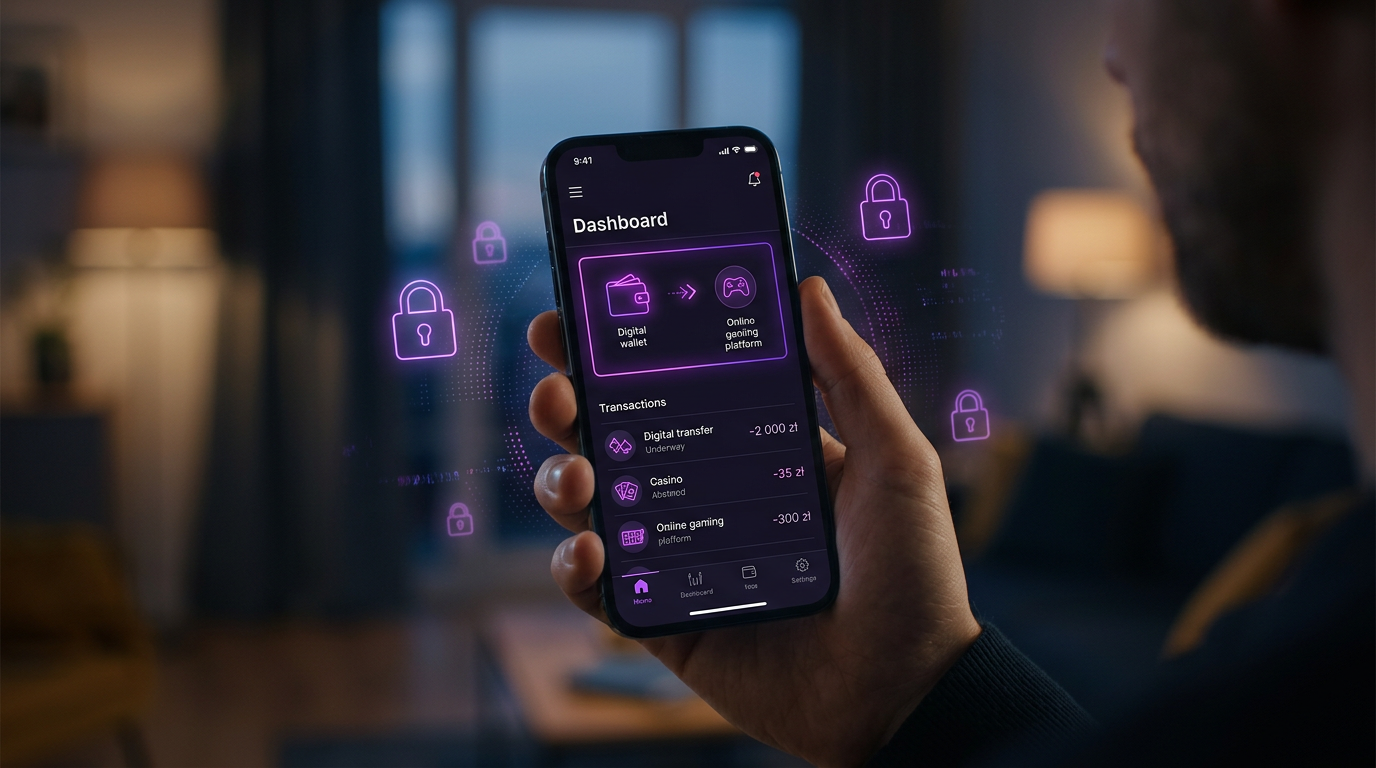 Digital representation of Skrill payment method for online casinos with security symbols