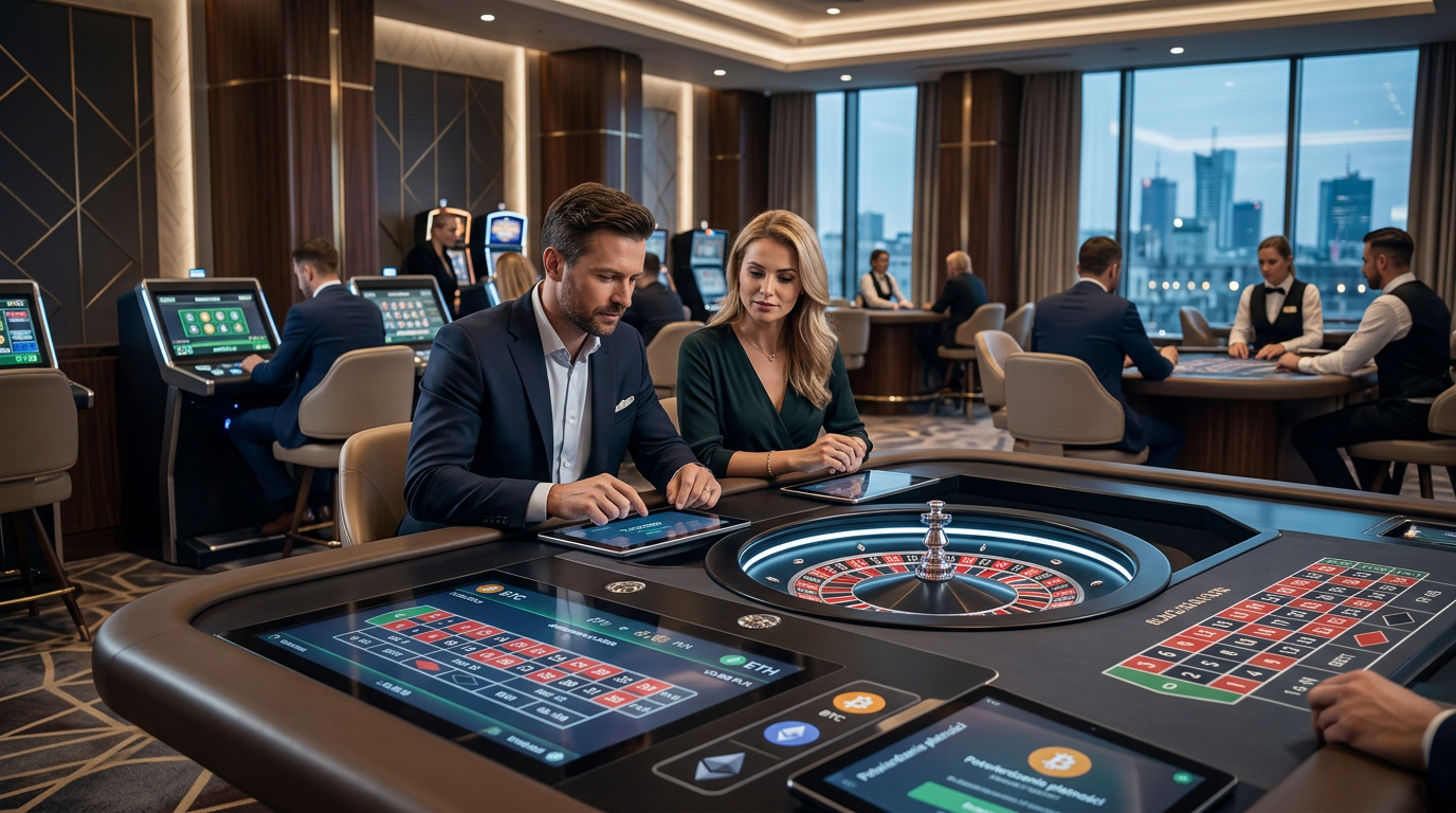 Nowoczesne wnętrze krypto kasyna z hologramami kryptowalut