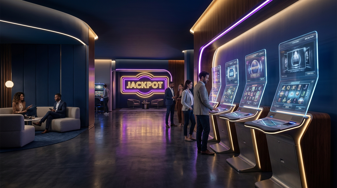 Nowoczesne wnętrze kasyna online z automatami przyszłości i neonowym oświetleniem