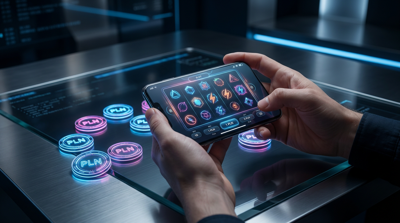 Grafika przedstawiająca smartfon z kasynem online i monetami PLN na ciemnym tle