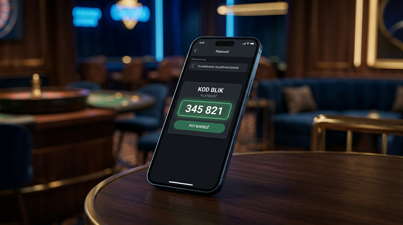 Smartfon z kodem BLIK na tle kasyna online