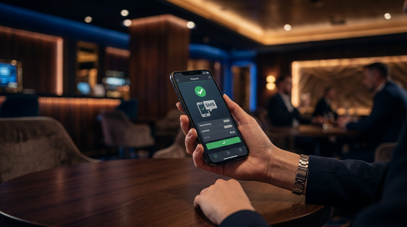 Smartfon z potwierdzeniem płatności w kasynie online na tle neonowych świateł.