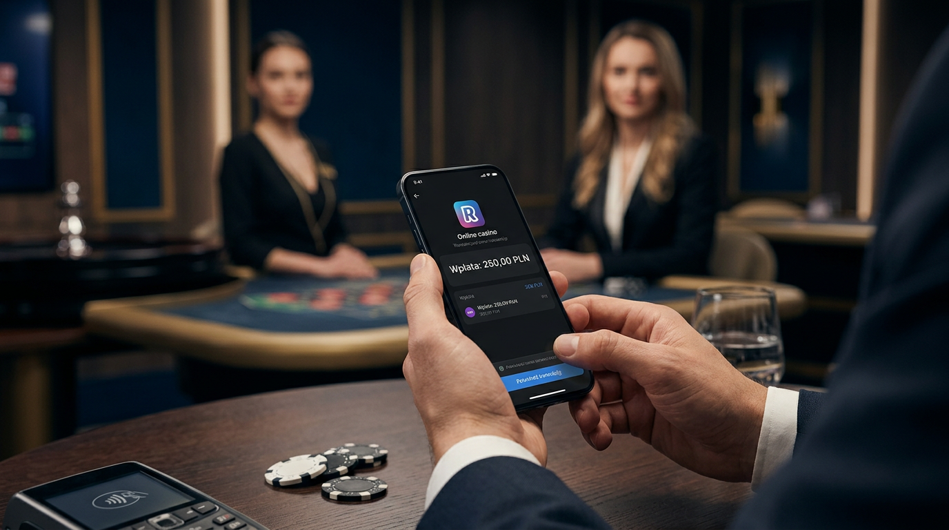 Futurystyczny interfejs bankowości cyfrowej z kartą Revolut nad stołem do ruletki