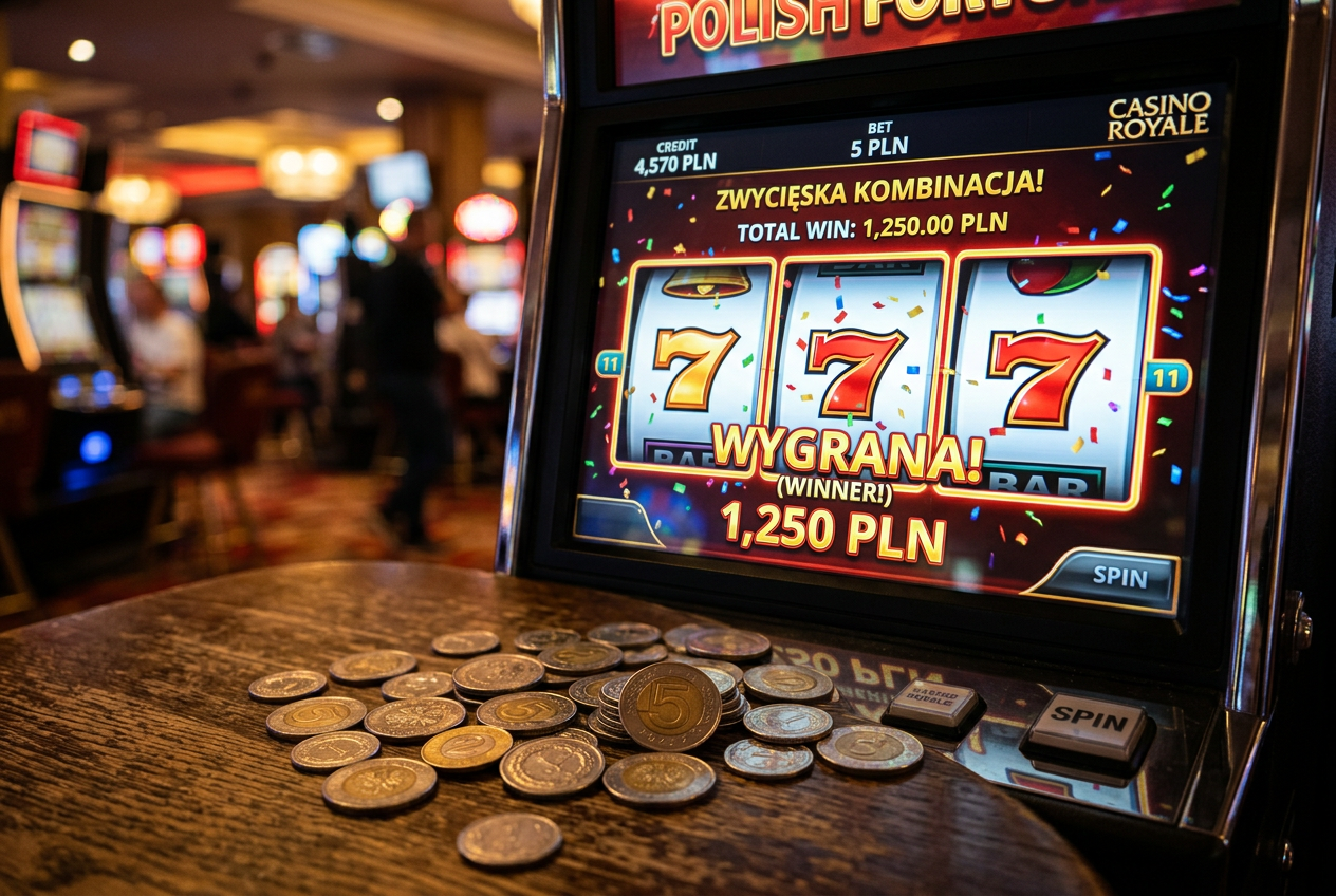Zbliżenie na ekran automatu do gry z niskimi stawkami i monetami PLN