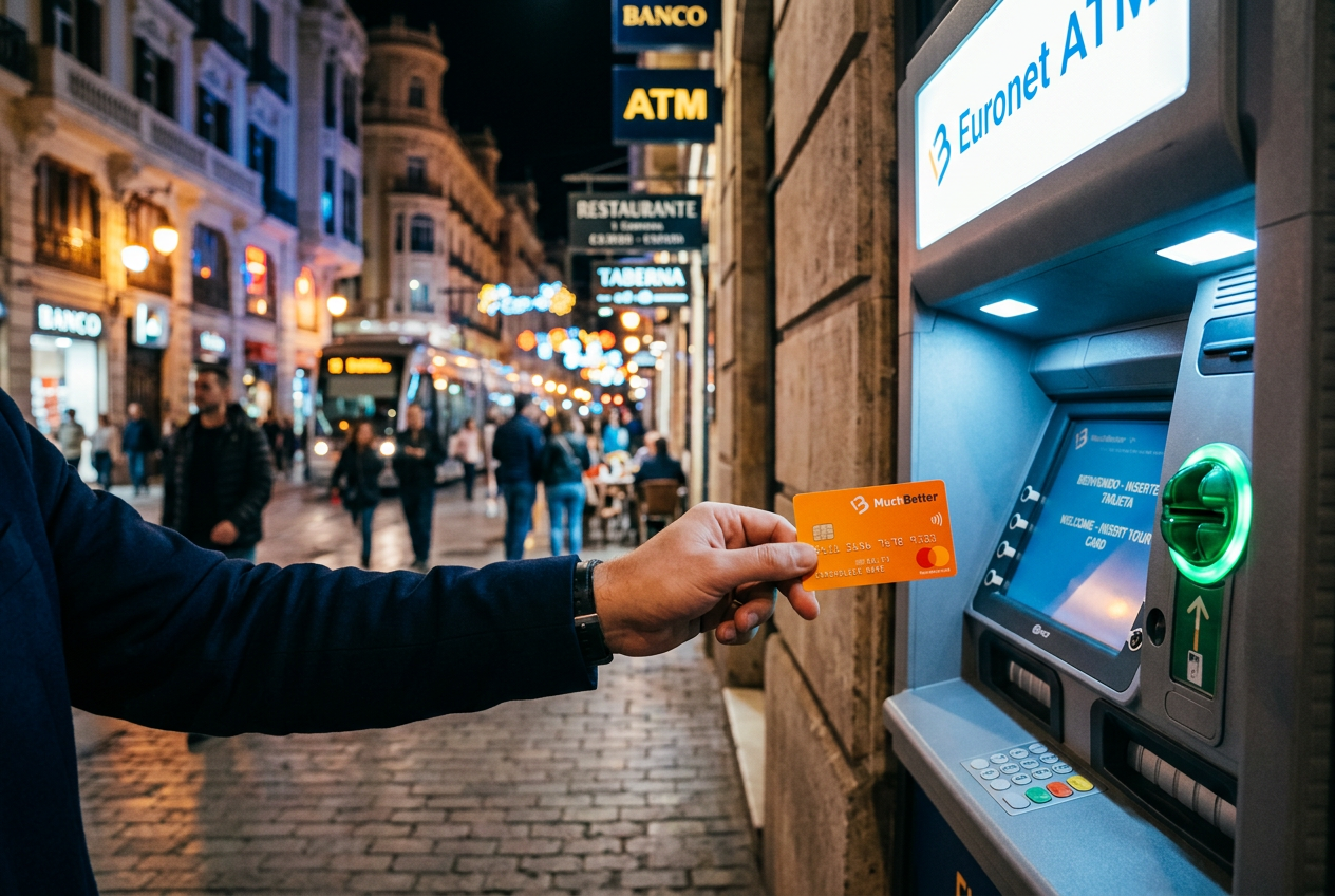 Wypłacanie gotówki z bankomatu przy użyciu pomarańczowej karty MuchBetter