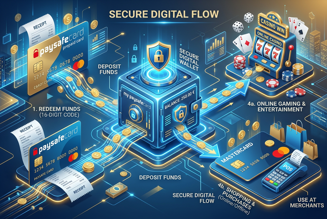 Visual representation of the MyPaysafecard account ecosystem for withdrawals