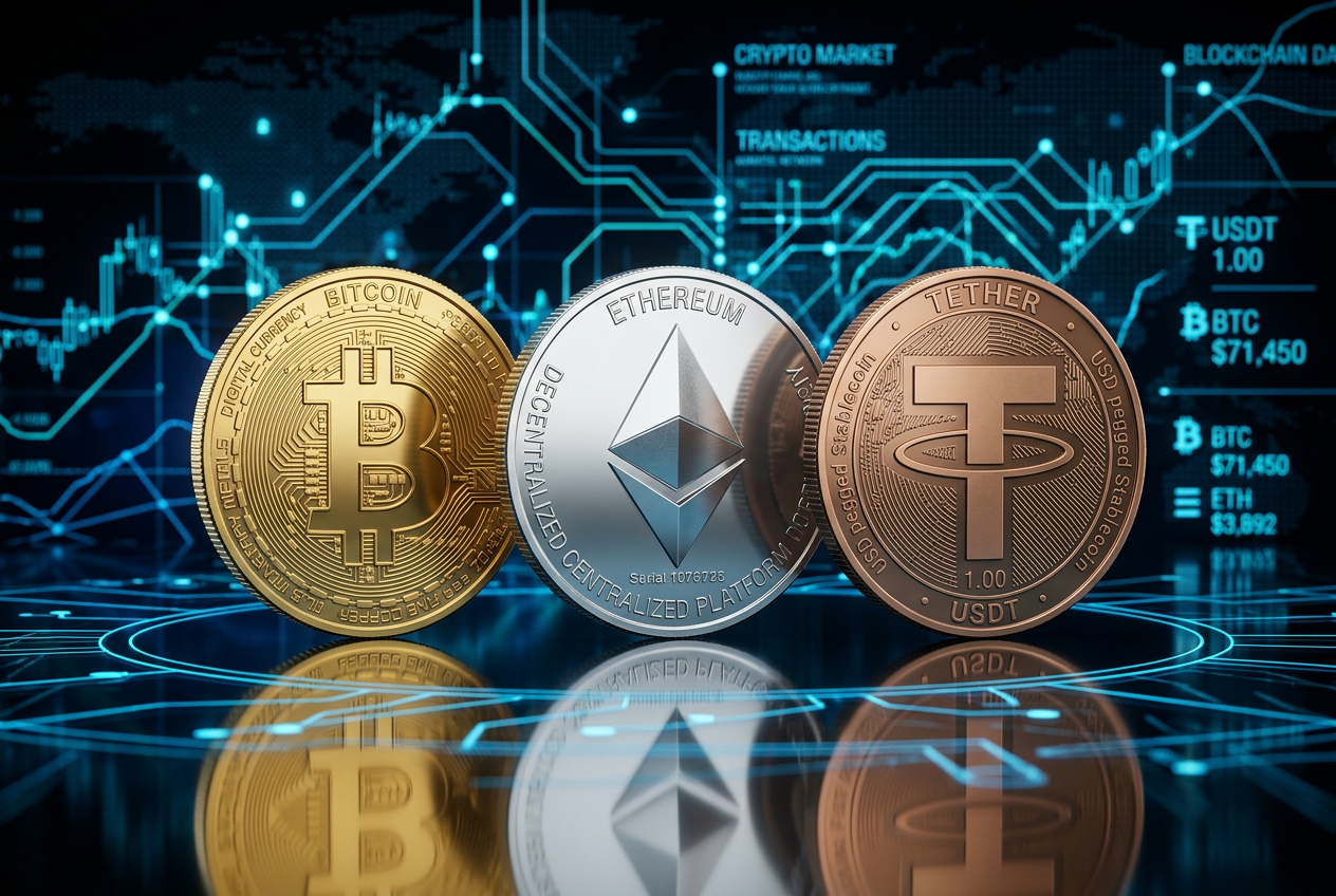 Logotypy 3D Bitcoin, Ethereum i Tether na ciemnym tle
