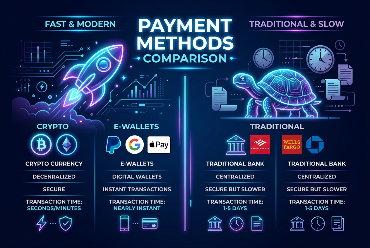 Infografika porównująca krypto wypłaty z przelewami bankowymi